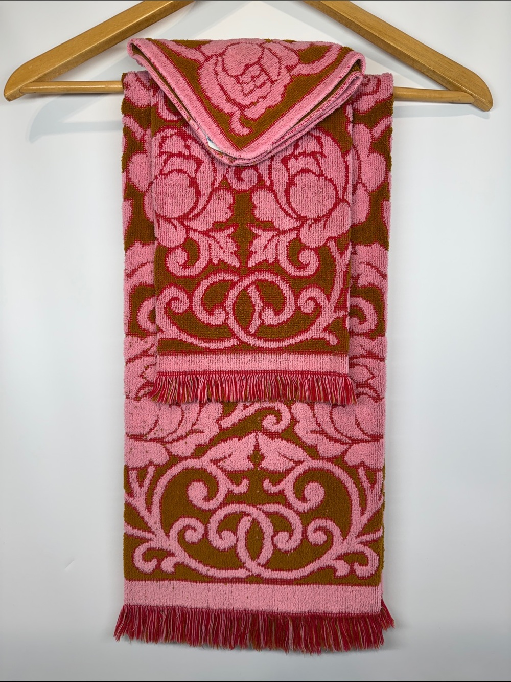 Vintage 70s Fieldcrest Towel Set Pink & Mustard Gold Floral Jacquard Fringe MCM